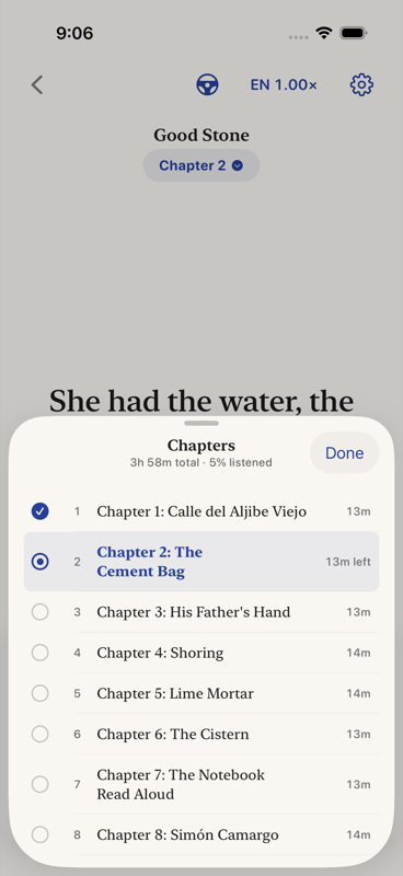 The chapter map, showing each chapter's length, which are finished, and how far through the book you are.